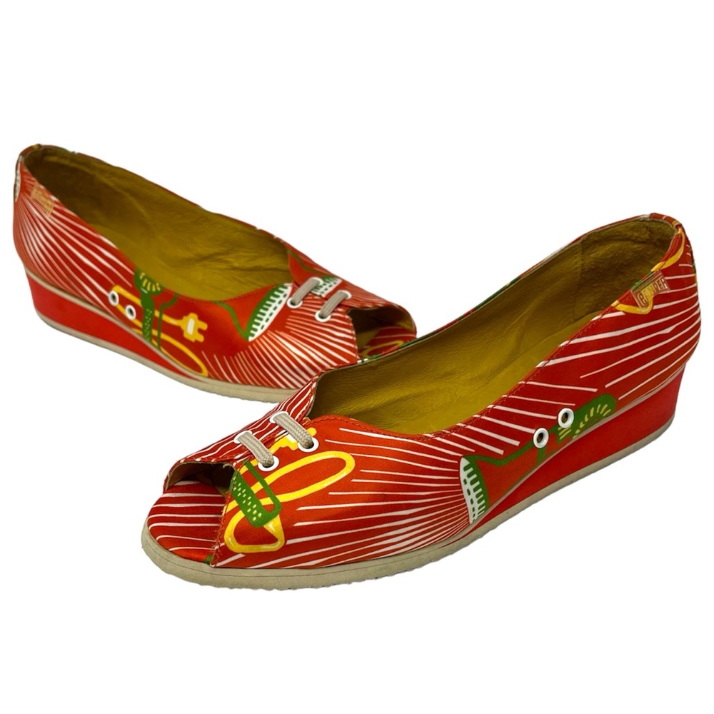 Camper Red Multi Peep-Toe Wedge Flats
